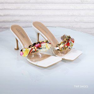 Slip on 3.5" High Heel Mule Clogs Off White with Chain and Scarf Tie Details
